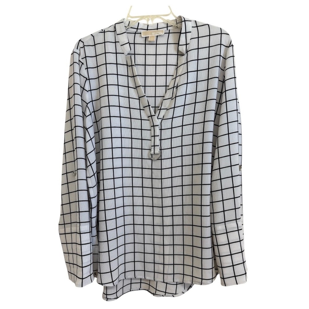 Michael Michael Kors Windowpane Grid Blouse White Black D-Ring Roll Tab Top L